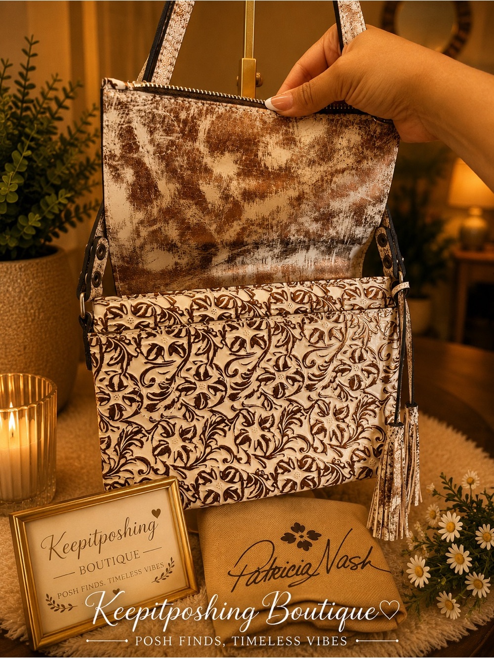 Patricia Nash Cream and Brown Floral Leather Crossbody with Tassel - Picture 3 of 7